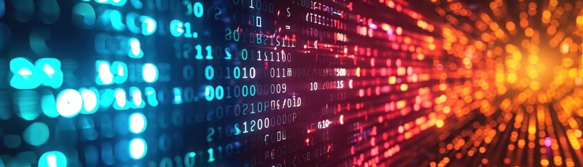 Medium shot of neon binary code rapidly scrolling on a screen, with a prominent 'Security Breach' warning
