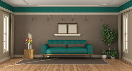 Sticker - Elegant living area with teal sofa set, stylish greenery, and modern wall decor