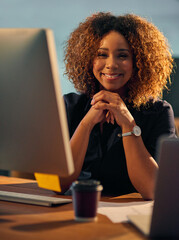 Aufkleber - Business, woman and portrait with computer at night for creative deadline, project planning and happiness. Professional, employee and technology in office for software test management and efficiency