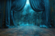 The stage curtain is blue in color, and the background wall of dark gray wood flooring. The entire scene creates an atmosphere filled with mystery and anticipation for an opera performance.