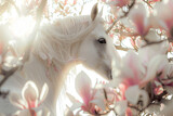 Fototapeta  - White horse on a white background among flowering branches of magnolia