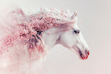Fototapeta  - White horse on a white background among flowering branches of cherry trees