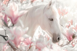 Fototapeta  - White horse on a white background among flowering branches of magnolia, a soft pink magnolia tree in the foreground, sunlight shining through the petals, delicate pastel colors, a dreamy atmosphere