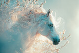 Fototapeta  - White horse on a white background among flowering branches of cherry trees