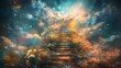 A mystical staircase ascends into a celestial sky, evoking a sense of wonder and the journey to transcendence.