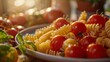 Glutenfree pasta and fresh tomatoes, golden hour light, closeup, healthy choice , cinematic