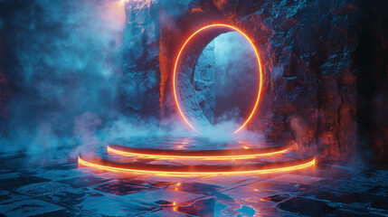 Poster - Blue hologram portal. Magic fantasy portal. Magic circle teleport podium with hologram effect. Abstract high tech futuristic technology design. Round shape. Circle Sci-fi element light and lights.