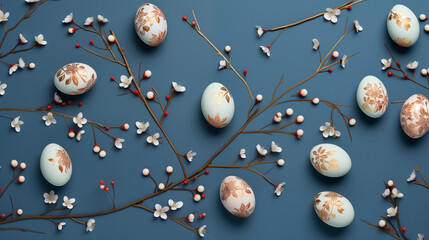 Wall Mural - Generative AI weaves a tapestry of joy: mini Easter eggs adorned with tiny flowers and leafy branches, all set against a calming blue background.