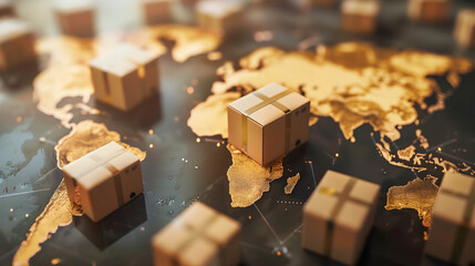  global map with boxes representing international terrains, illustrating cross-border initiatives and Business strategies for shipping in various countries