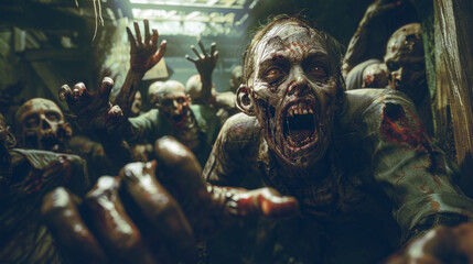Fototapeta horrific zombie horde in apocalyptic scenario
