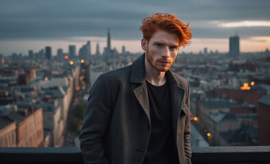 Portrait of a beautiful male red-haired model, a ginger model with a face of beauty and red hair, noir, contrast, color paint, multiple colors, city at background , detailed