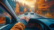 Driver's perspective of a scenic road trip through a forested highway with autumn colors, capturing the essence of exploration and freedom.