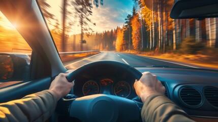 Driver's perspective of a scenic road trip through a forested highway with autumn colors, capturing the essence of exploration and freedom.