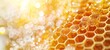 Gold Honeycomb with honey close up. Natural pattern. Texture. Concept of apiculture, natural design, beekeeping, organic honey production, bee craft. Abstract background. Copy space. Banner
