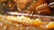Golden honey streaming onto comb amidst sparkling lights. Luscious honey flow, glowing ambiance. Concept of pure honey, artisanal food, and culinary delight. Banner. copy space