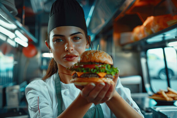 Wall Mural - Young female chef holding fresh burger, food truck owner