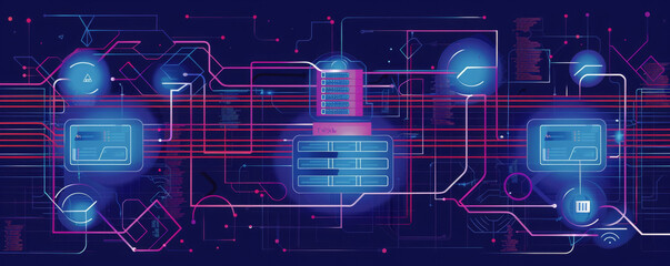 Abstract cyber data network banner with digital elements. Neon circuit board technology background. Digital tech, artificial intelligence concept design for web banner, poster, wallpaper