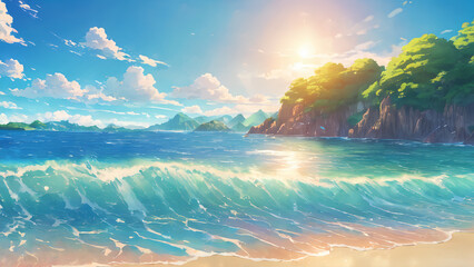 scenic 2d illustration view of blue beach coastal in the summer vibe