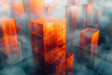 Wall Mural - a cityscape with many buildings made of glass and orange blocks
