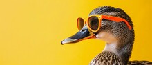 A Fashionable Duck In Orange Sunglasses Poses Confidently Against A Vivid Yellow Backdrop.