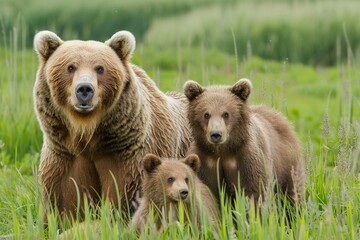 Protective brown bear mother with two cubs standing in a lush green meadow.