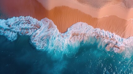 Wall Mural - Top view of ocean waves reaching shore on sunny day. Golden hour and Blue sea background.