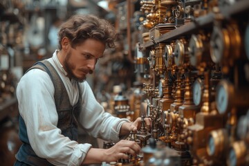 Wall Mural - A steampunk-inspired inventor in a workshop filled with brass gadgets and gears, working on a time-travel device.