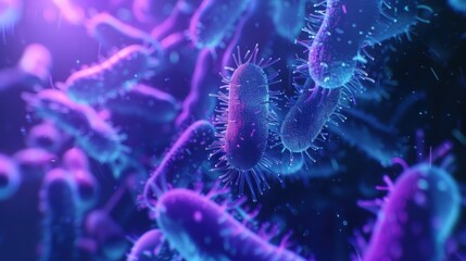 Closeup microscopic bacteria background on blue and purple glow neon color. AI generated image