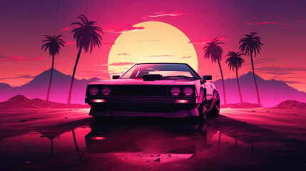 Wall Mural - 80s retro futuristic drive with vintage car. Stylized sci-fi landscape race in outrun VJ style, night sky. Vaporwave 3D illustration background for EDM music video, DJ set, club. 4k