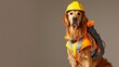 A diligent golden retriever, embodying the spirit of World Safety Day, wearing a reflective safety jacket and a sturdy yellow safety helmet.