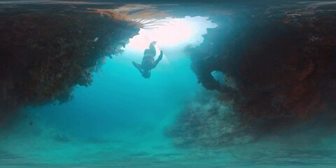 Sticker - 360 vr footage of the freediver swimming underwater in the tropical sea and exploring intricate seascape of the West Papua region in Indonesia