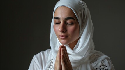 A woman wearing a white hijab praying. The woman is praying with her hands together