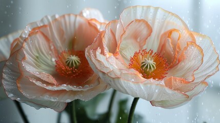   Two flowers in a vase on a window sill with droplets on petals