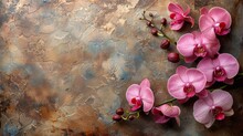   Pink Orchids On Rusted Metal - An Artwork Featuring Vividly Colored Orchids Blooming Against A Weatherworn Metal Surface A Faded, Patterned Wall Is Visible