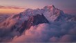 A high mountain pass at sunrise, the peaks illuminated by the first light of day, a carpet of clouds below, the scene imbued with a sense of accomplishment and the beauty of high altitudes.