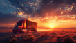 Cargo truck driving through landscape at sunset.
