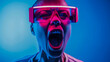 A portrait of a woman wearing futuristic augmented reality glasses emitting a vibrant pink light