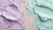 Close-up of a split-textured wall, one side in smooth pastel lavender and the other in a rugged, pastel mint green with a visible brushstroke texture, showcasing contrast and depth.