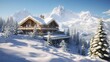 Cozy mountain chalet with snow-covered trees at sunset, offering a picturesque winter landscape.