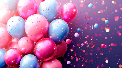 Wall Mural - balloons and confetti on color background. Festive background with place for text