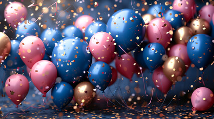 Wall Mural - balloons and confetti on color background. Festive background with place for text