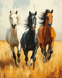 Wild horses running on plains, freedom concept, majestic animals, open landscape, landscape illustration, background, wallpaper 