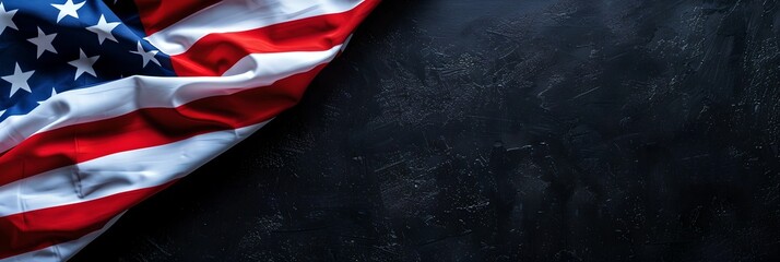 American flag on black background with copy space. Independence Day and Memorial Day concept. Design for banner, header, greeting 