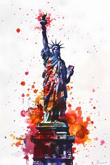  Statue of Liberty portrait with splashes. Independence Day and Memorial Day concept. 4th of July. Colorful watercolor illustration for banner, print, poster