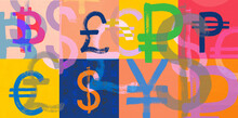 Different Currencies In Painterly Brushstroke Colors And Textures