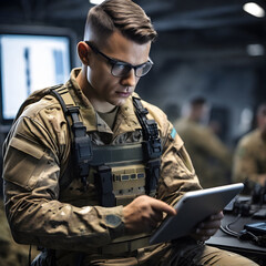 a soldier in military uniform analyzes data on a tablet and practices tactics.