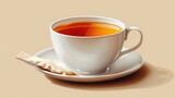 Fototapeta  - Vector illustration depicting black tea served hot with a tea bag in a white cup.