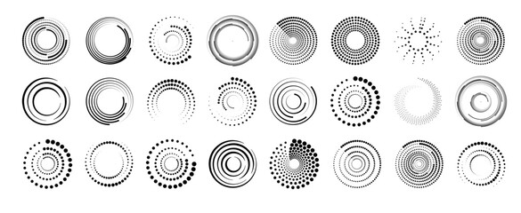 Wall Mural - Halftone circular dotted frames set. Set of black thick halftone dotted speed lines. Speed lines in circle form. Geometric art. Vector
