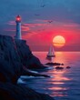 Coastal sunset with lighthouse, maritime navigation, scenic ocean view.  wallpaper, nature background 