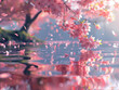  sfondo di albero di ciliegio in fiore, foglie delicate, petali nell' acqua bassa, foglie colorate,  luce naturale, petali che cadono nell'acqua limpida, 